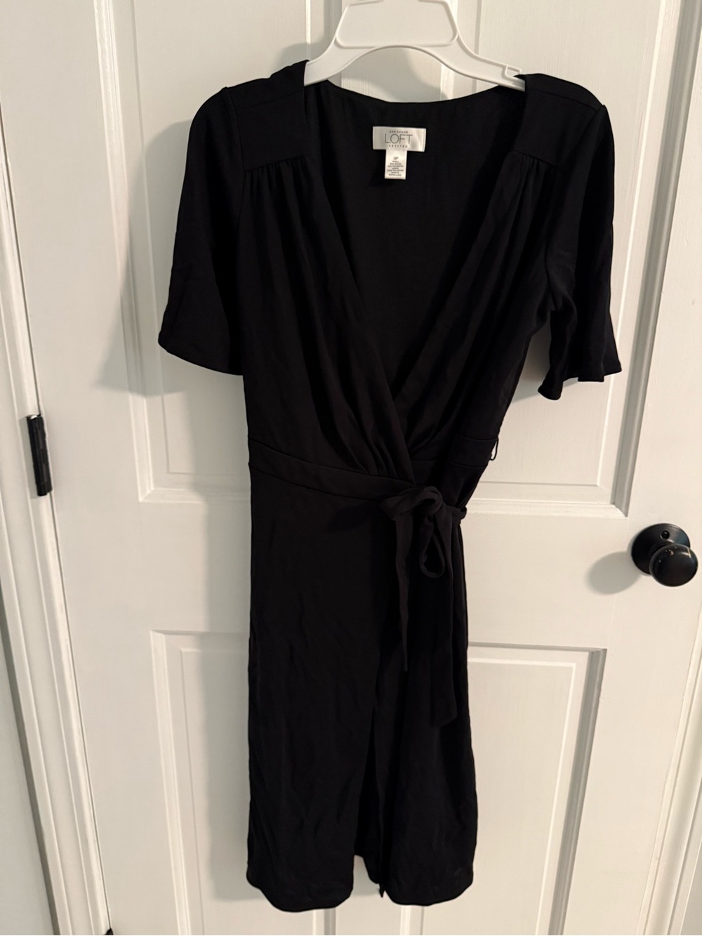 LOFT Black Wrap Dress with Short Sleeves and Tie Waist